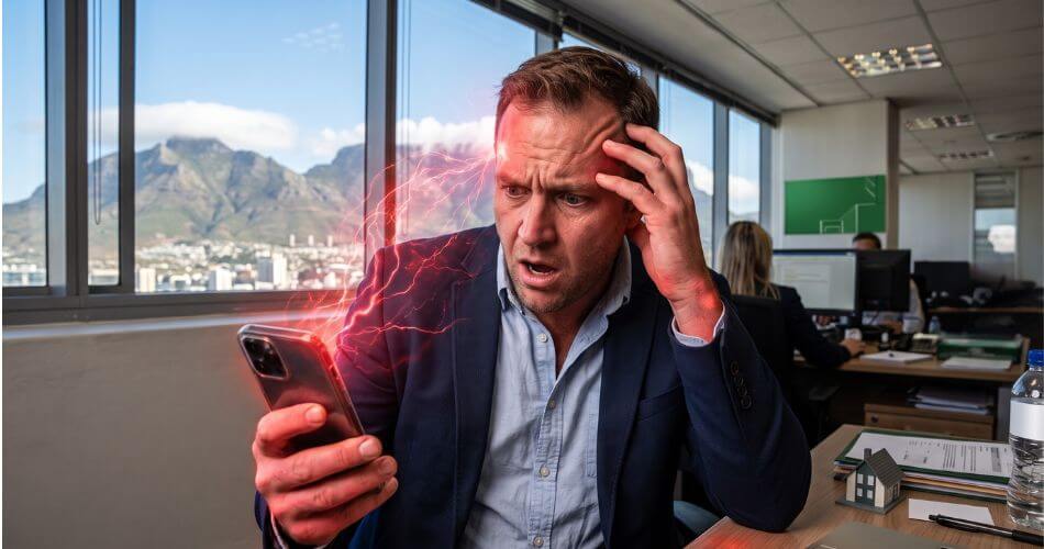 How To Scale a Real Estate Business. Panicked real estate agent reacting to a crashed property deal.