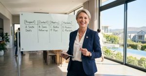 How To Scale a Real Estate Business. Successful estate agent standing in front of a clear sales pipeline.