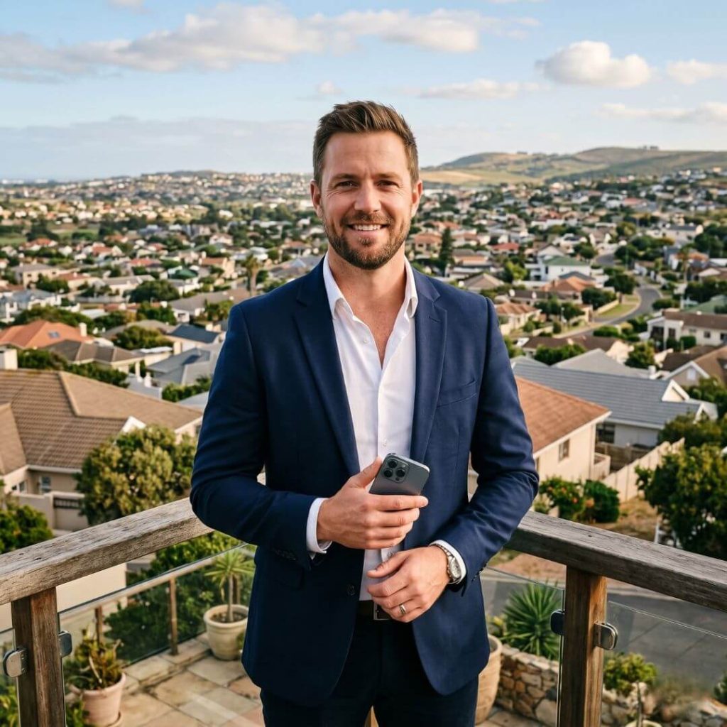 How to Overcome Call Reluctance in Real Estate. Real estate agent holding smartphone overlooking Durbanville suburbs.