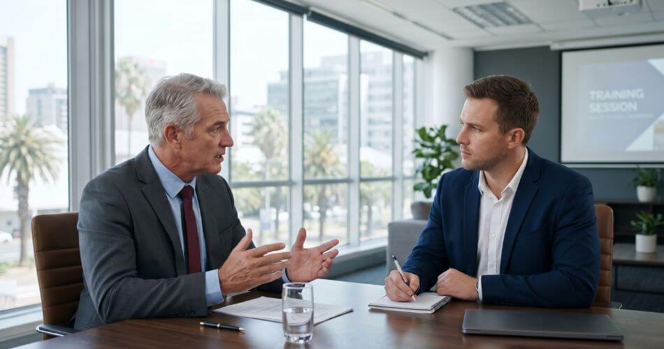 How to Overcome Call Reluctance in Real Estate. Real estate agents practicing sales objections in boardroom.