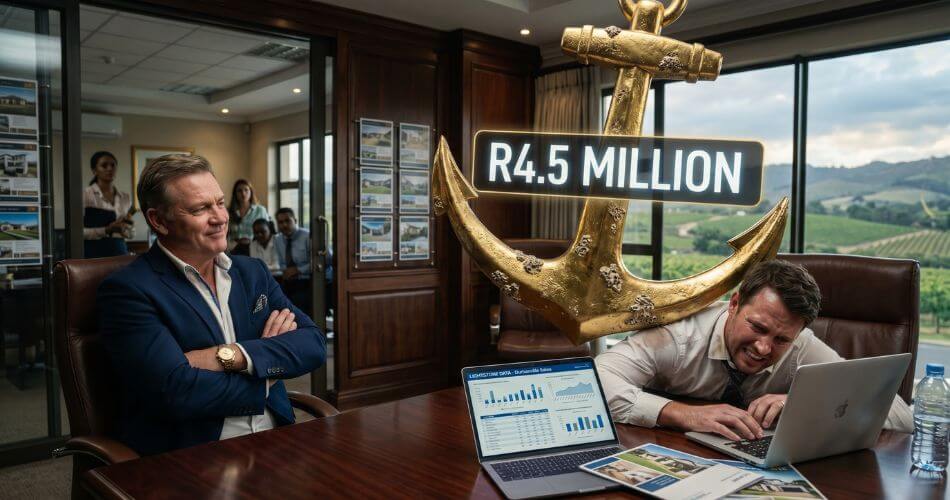 Real Estate Mindset and Sales Psychology. Agent being crushed by a golden anchor labeled R4.5 Million.