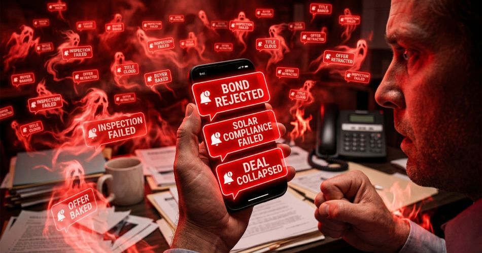 Real Estate Mindset and Sales Psychology. Agent paralyzed by floating red notifications of failed property deals.