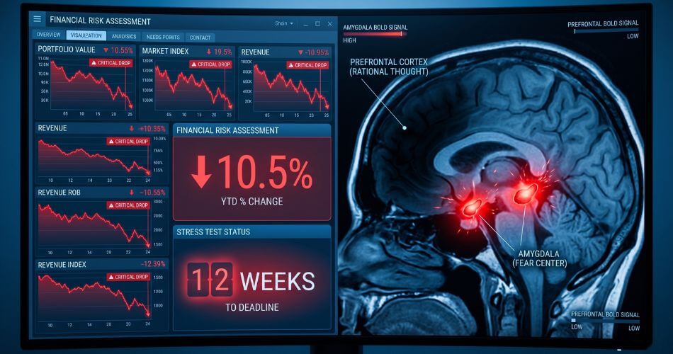 Real Estate Mindset and Sales Psychology. Cold market data contrasted with an irrational, fearful human brain scan.