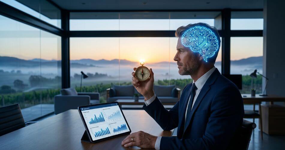 Real Estate Mindset and Sales Psychology. Focused agent with glowing brain circuitry holding a compass at dawn.