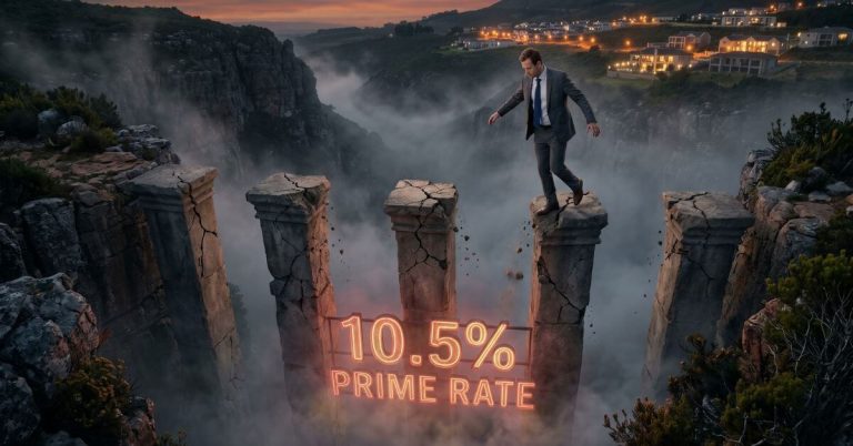 Real Estate Mindset and Sales Psychology. Real estate agent trapped on crumbling pillars over a gorge.