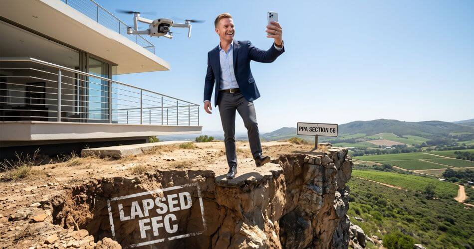 Real Estate Mindset and Sales Psychology. Successful-looking agent taking a selfie while walking off a cliff edge.