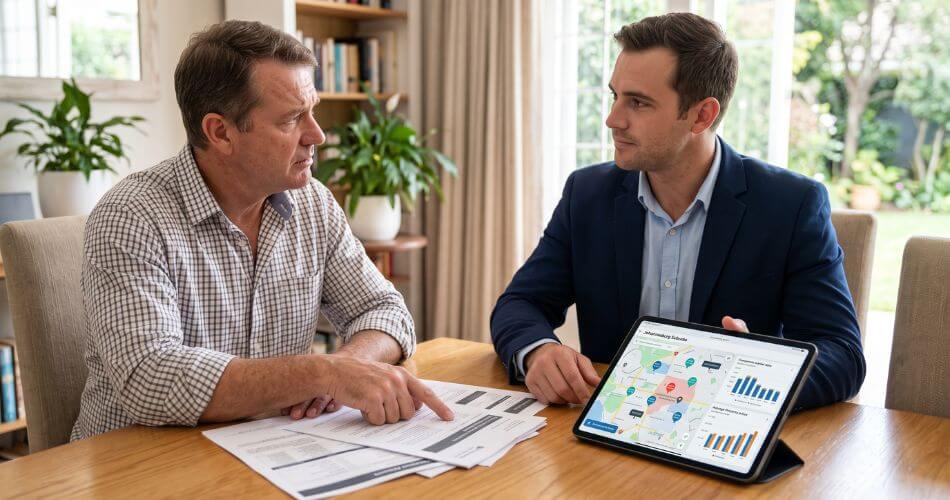 Best Technology For Real Estate Agents. Estate agent showing property valuation data on an iPad to a seller.