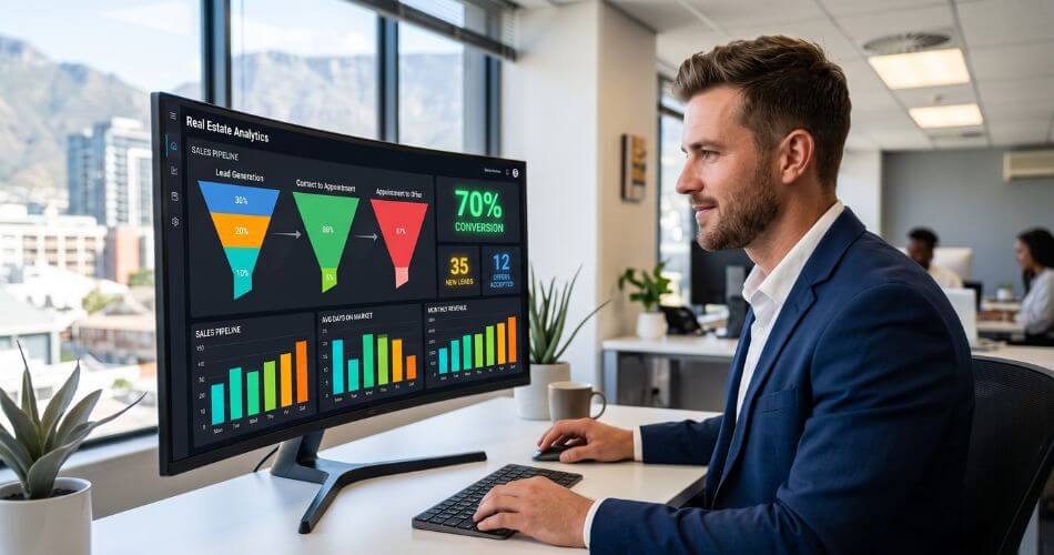 Best Technology For Real Estate Agents. Real estate agent analyzing sales funnel metrics on a computer dashboard.