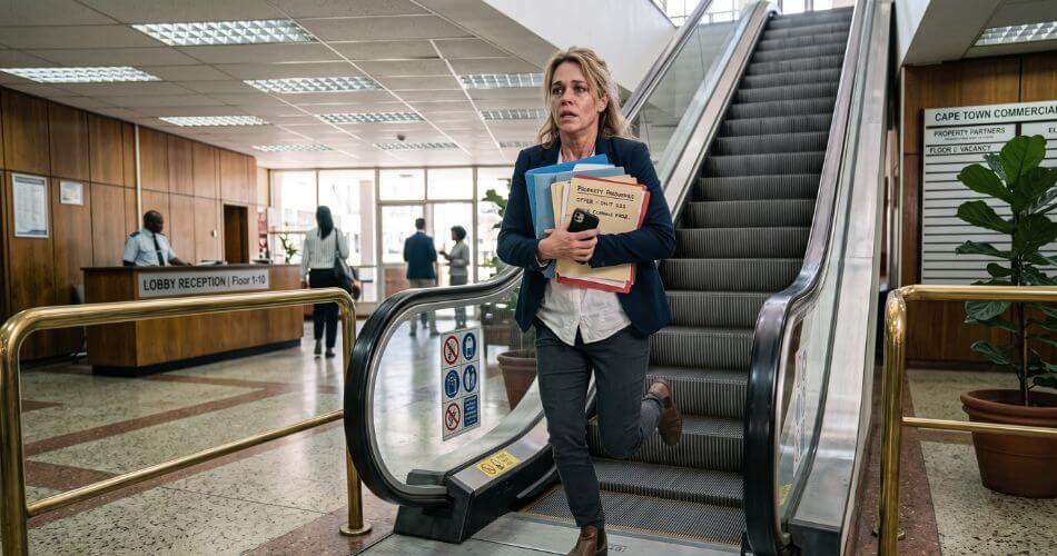 Real Estate Agent Burnout. Real estate agent experiencing burnout while working hard on an escalator glitch.