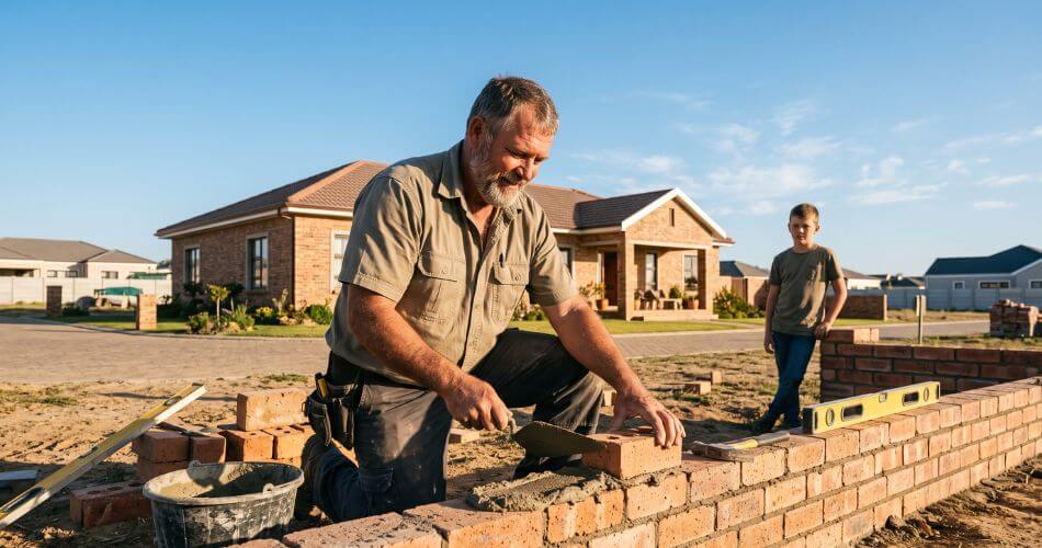 Real Estate Agent Burnout. Real estate business owner building a solid brick foundation for long-term success.