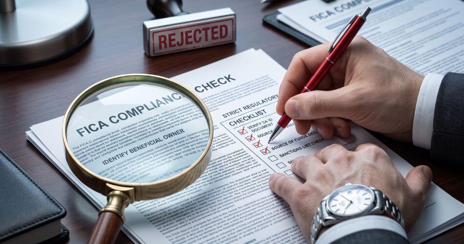 Real Estate Agent Personality Traits. Magnifying glass checking FICA real estate compliance documents