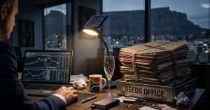 Real Estate Agent Personality Traits. Real estate agent desk illuminated by a solar lamp with property files