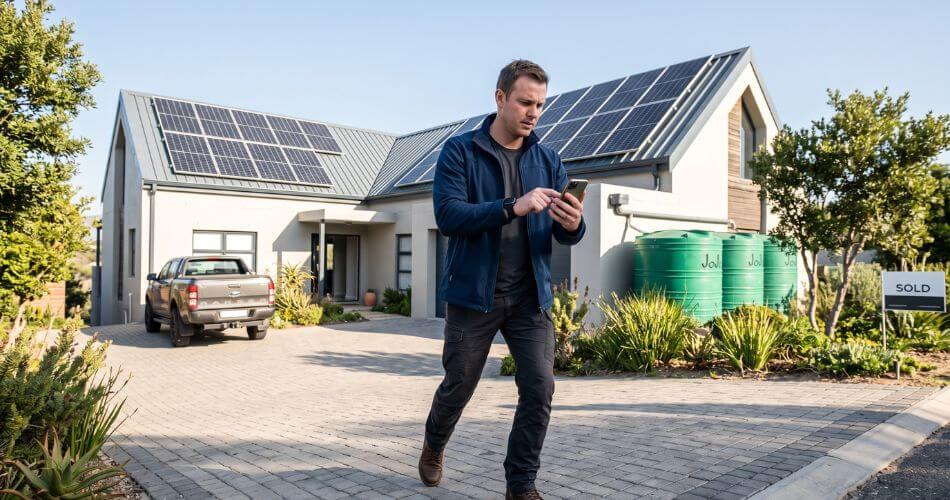 Real Estate Agent Personality Traits. Real estate agent outside house with solar panels and water tanks