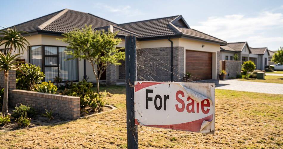 Setting Boundaries In Real Estate. Old faded property for sale sign.
