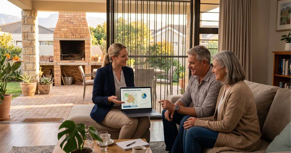 Brackenfell Real Estate Expert. Professional real estate agent in living room with a 50-year-old South African couple