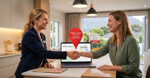 Estate Agent Local SEO in South Africa. Estate agent and seller shaking hands over local search map.