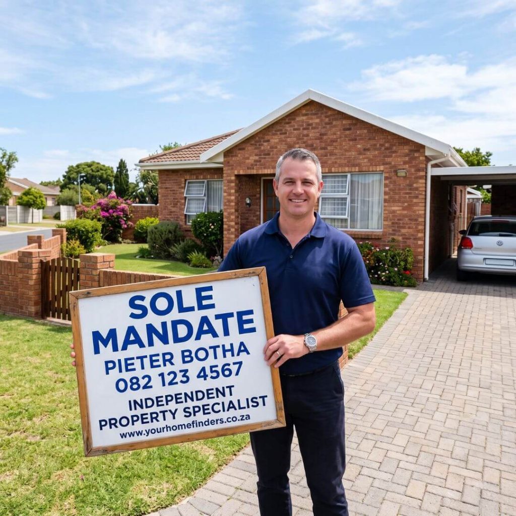 Estate Agent Local SEO in South Africa. Estate agent holding sole mandate sign in Brackenfell.