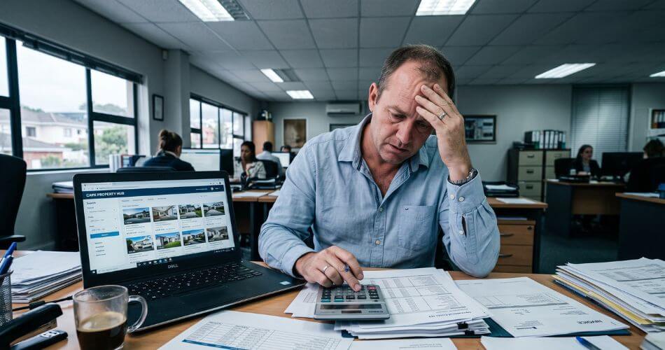 Estate Agent Local SEO in South Africa. Frustrated estate agent calculating high property portal costs.
