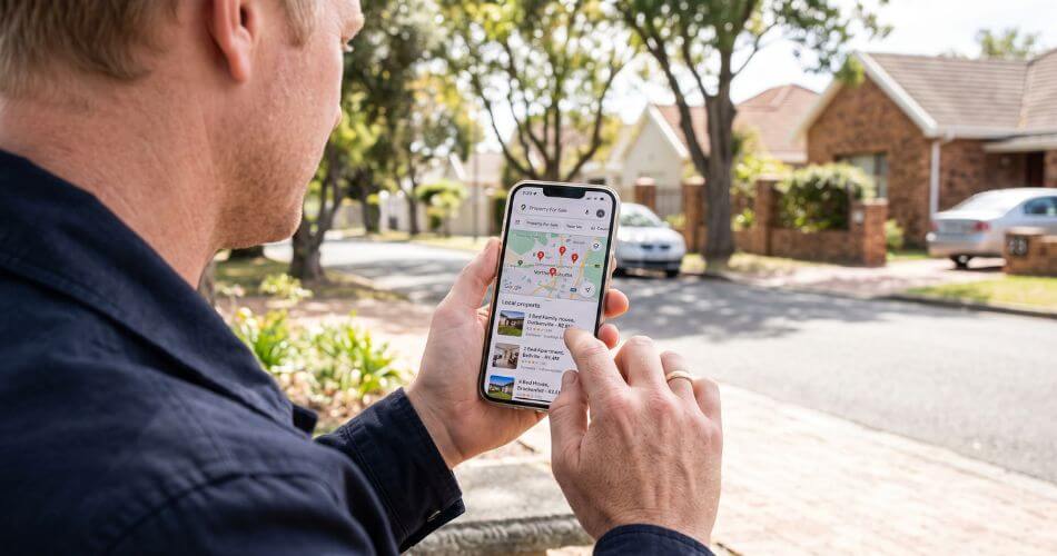 Estate Agent Local SEO in South Africa. Smartphone displaying Google Local Map Pack for real estate.