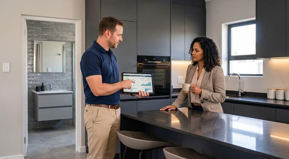 How To Accurately Value a House in Brackenfell. Homeowner and valuation specialist reviewing kitchen and bathroom renovation ROI data in a Brackenfell home.