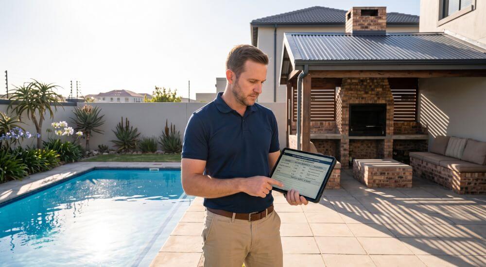 How To Accurately Value a House in Brackenfell. Property valuation specialist assessing a swimming pool and built-in braai room in a Protea Hoogte, Brackenfell home
