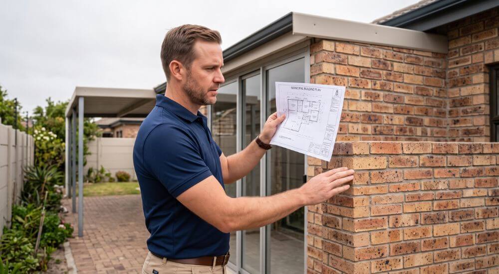 How To Accurately Value a House in Brackenfell. Property valuation specialist comparing municipal building plans against an unapproved patio addition in Protea Hoogte, Brackenfell