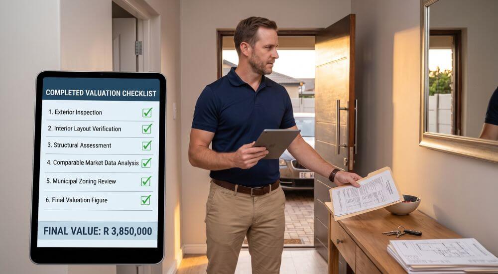 How To Accurately Value a House in Brackenfell. Property valuation specialist completing a six-step valuation checklist in a Brackenfell home
