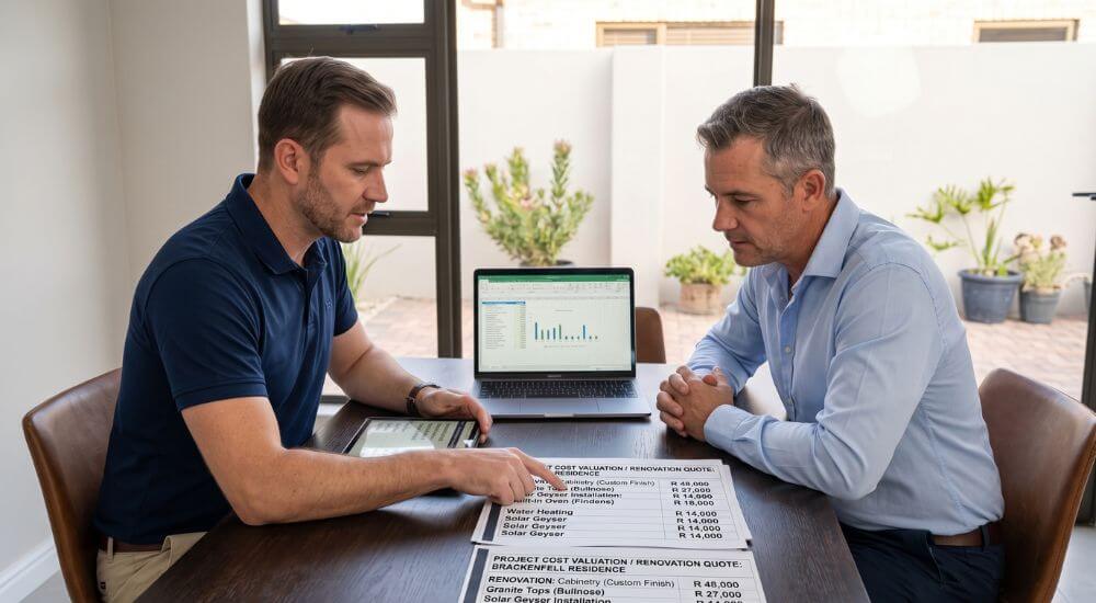 How To Accurately Value a House in Brackenfell. Property valuation specialist reviewing renovation budget with a homeowner in Brackenfell.