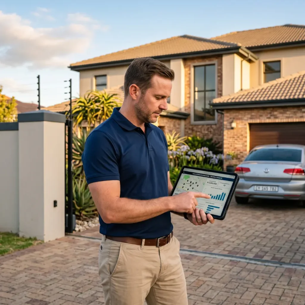 How To Accurately Value a House in Brackenfell. Property valuation specialist reviewing tablet data on a driveway in Protea Hoogte, Brackenfell