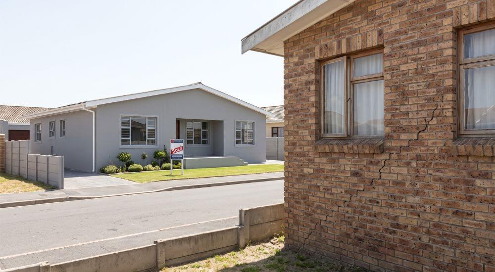 How To Accurately Value a House in Brackenfell. Renovated home beside an original 1980s facebrick house with a clay soil crack in Protea Hoogte.