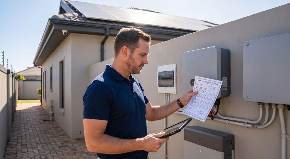 How To Accurately Value a House in Brackenfell. Valuation specialist verifying SSEG compliance certificate against solar inverter installation in a Brackenfell home.