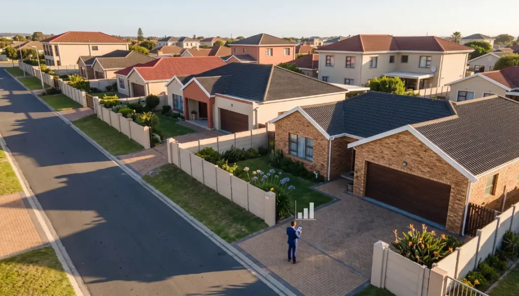 Protea-Hoogte-Real-Estate-Agent.-Andre-Swart. Aerial view of Protea Hoogte residential street showing established homes
