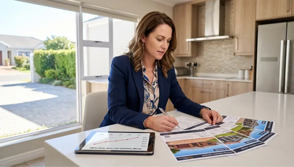 Protea-Hoogte-Real-Estate-Agent. Real estate agent reviewing 12-month property transfer data and transaction values for the Protea Hoogte suburb market area