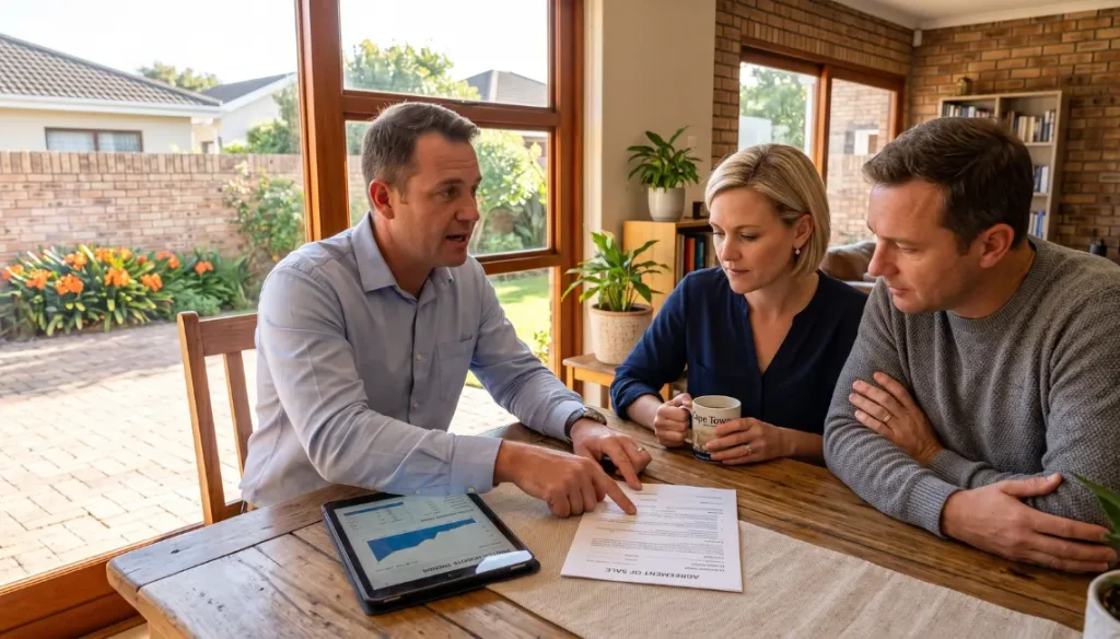 Protea Hoogte Real Estate Agent. Specialist listing agent in Protea Hoogte reviewing an offer with home sellers.