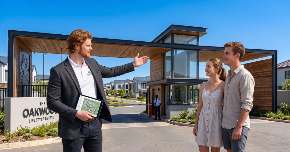 Real Estate Personal Branding. Agent talking to couple outside modern security estate.