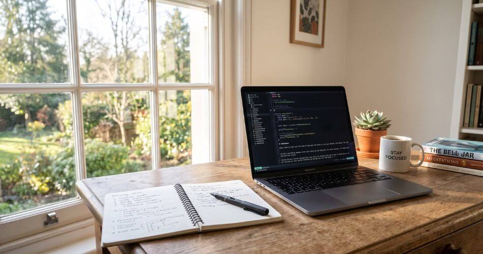 Real Estate Personal Branding. Laptop and open notebook on desk by window.