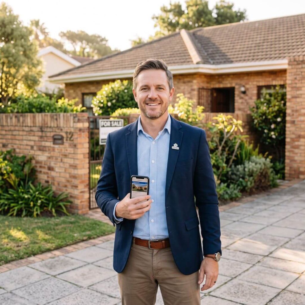 Real Estate Personal Branding. Real estate agent holding smartphone outside suburban home.