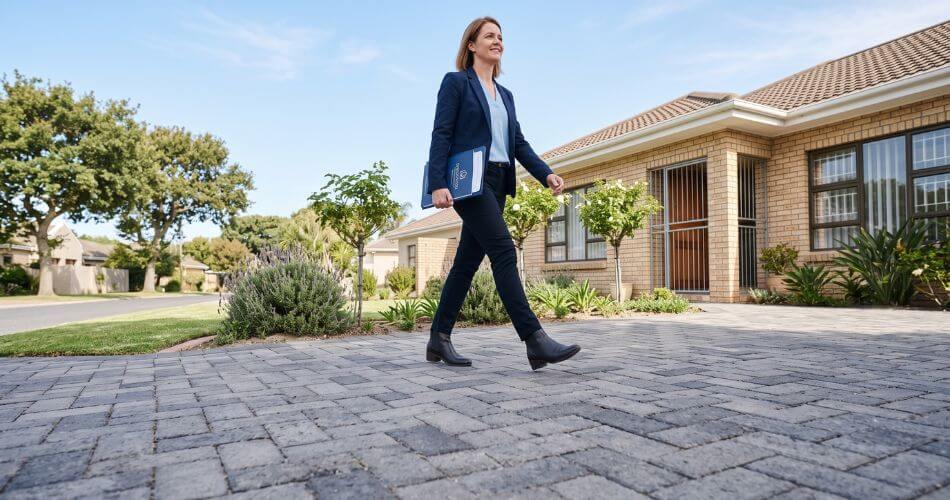 Real Estate Personal Branding. Real estate agent walking up driveway with folder.