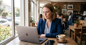 Real Estate Personal Branding. Real estate agent working on laptop at coffee shop.
