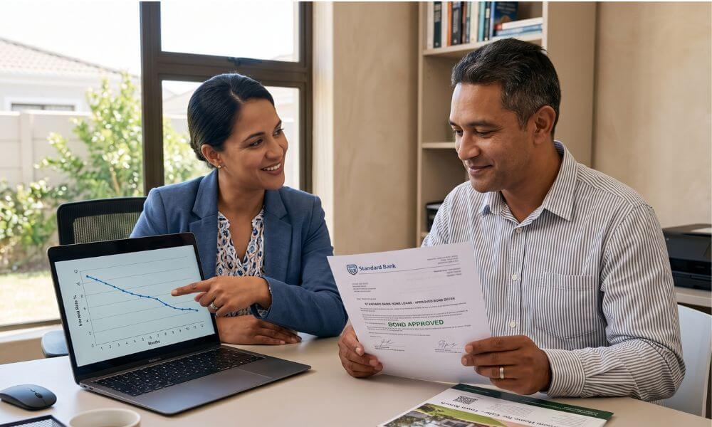 Brackenfell Property Market Trends for 2026. Brackenfell homeowners in their 40s reviewing a bond approval letter and declining interest rate trend