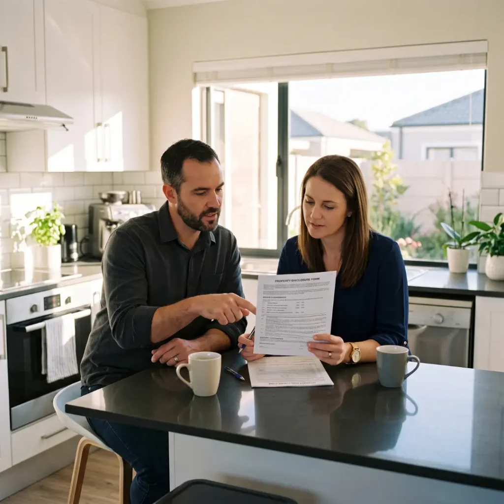 Brackenfell Property Market Trends for 2026. Brackenfell homeowners in their 40s reviewing a signed property disclosure form.