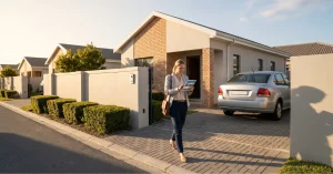 Brackenfell Property Market Trends for 2026. Real estate agent arriving for a property valuation at a modern facebrick home in Brackenfell