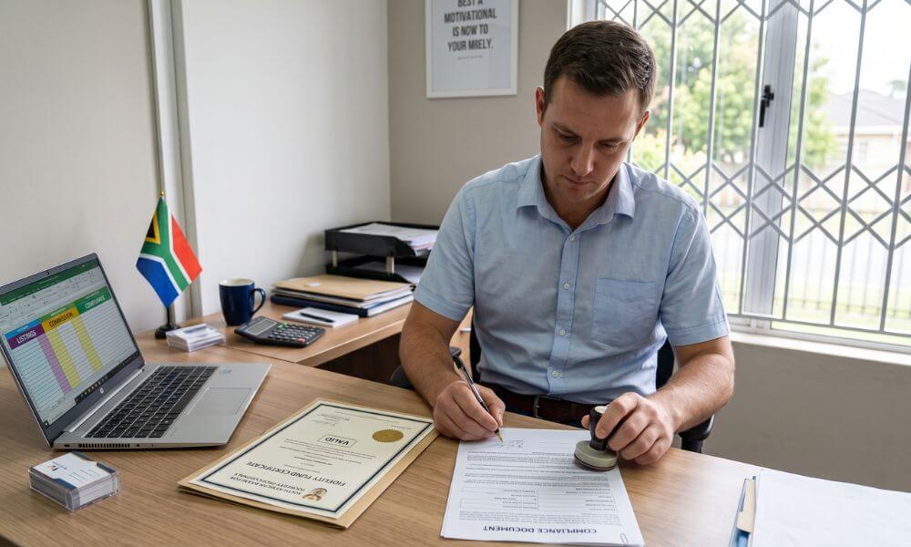 Brackenfell Property Market Trends for 2026. Real estate agent completing Property Practitioners Act compliance paperwork at a Brackenfell office