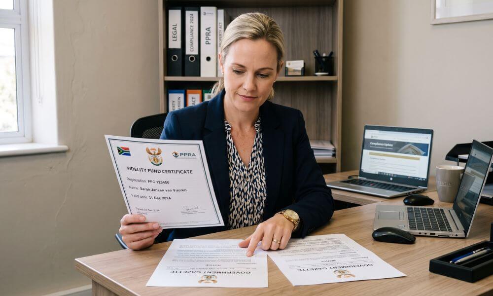 Brackenfell Property Market Trends for 2026. Real estate agent reviewing a Fidelity Fund Certificate following the 2026 PPRA B-BBEE regulatory withdrawal