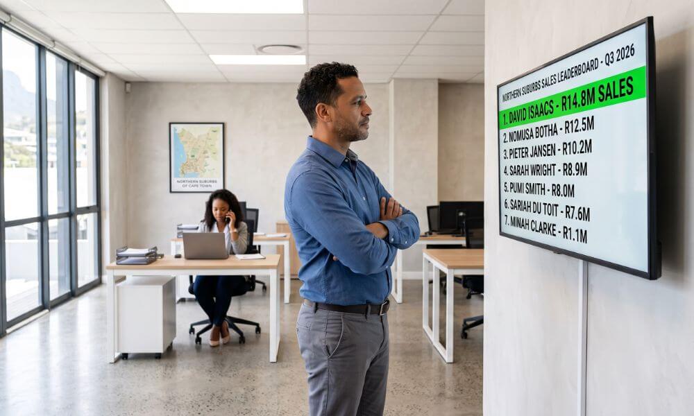 Brackenfell Property Market Trends for 2026. Real estate agent reviewing a sales performance ranking board in a Northern Suburbs office