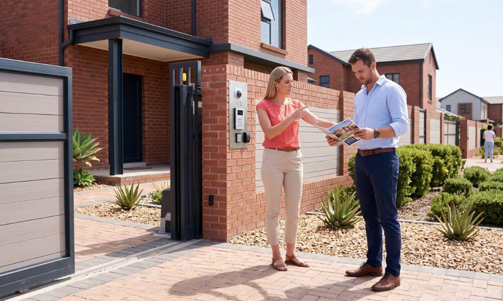 Brackenfell Property Market Trends for 2026. Young professional couple viewing a security estate home entrance in Brackenfell.