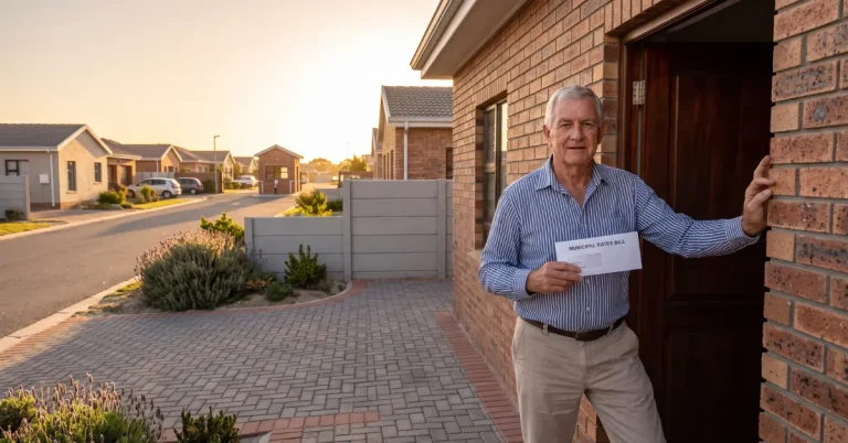 How to Apply for Pensioner Rates Rebate in Brackenfell. Brackenfell Cape Town pensioner homeowner holding municipal rates bill at front door