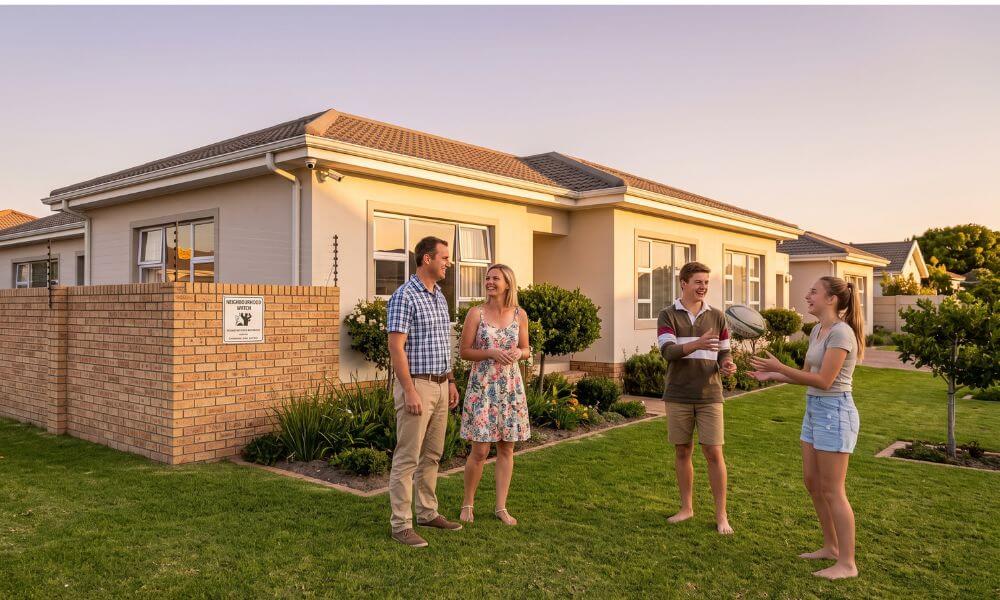 Living in Protea Hoogte Brackenfell. Family relaxing safely outside their home in Protea Hoogte, Brackenfell