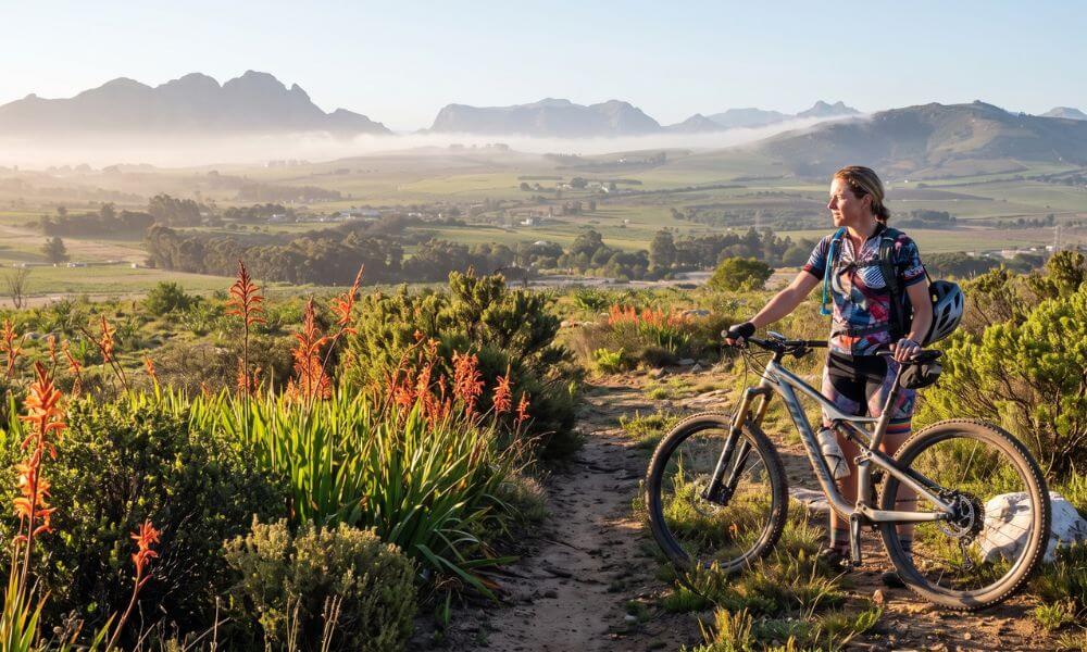 Living in Protea Hoogte Brackenfell. Mountain biker on a trail near Bracken Nature Reserve outdoor recreation close to Protea Hoogte, Brackenfell