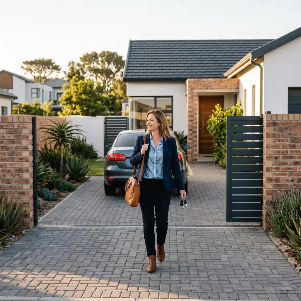 Living in Protea Hoogte Brackenfell. Professional woman arriving home safely in Protea Hoogte, Brackenfell